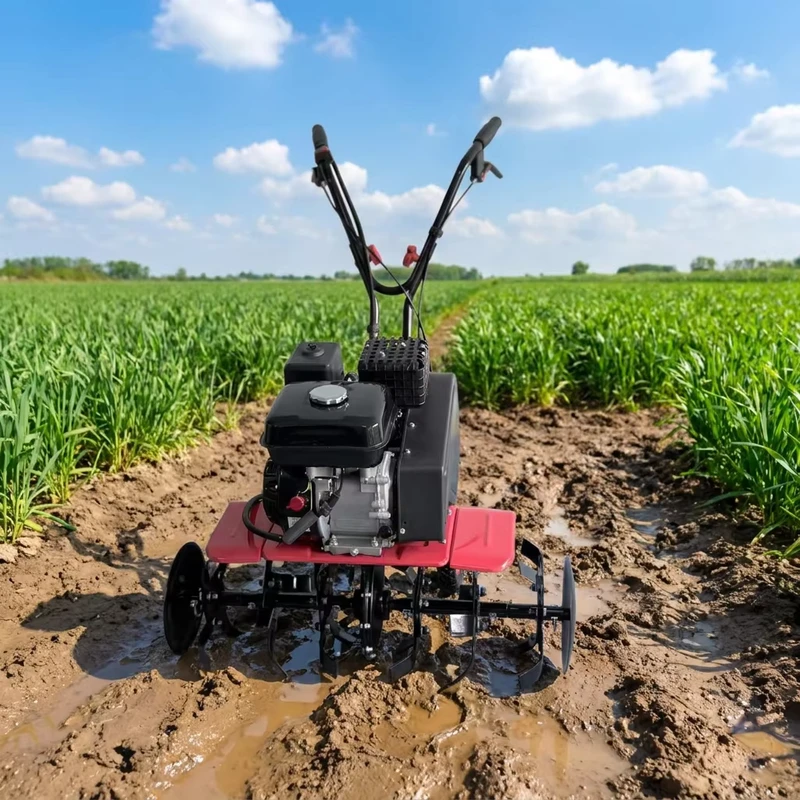 KONTORY Gasoline Rotary Tiller Handheld 4 Stroke 208cc C Type Steel Tine Garden Cultivator 720mm Working Width Gauge Wheel OEM